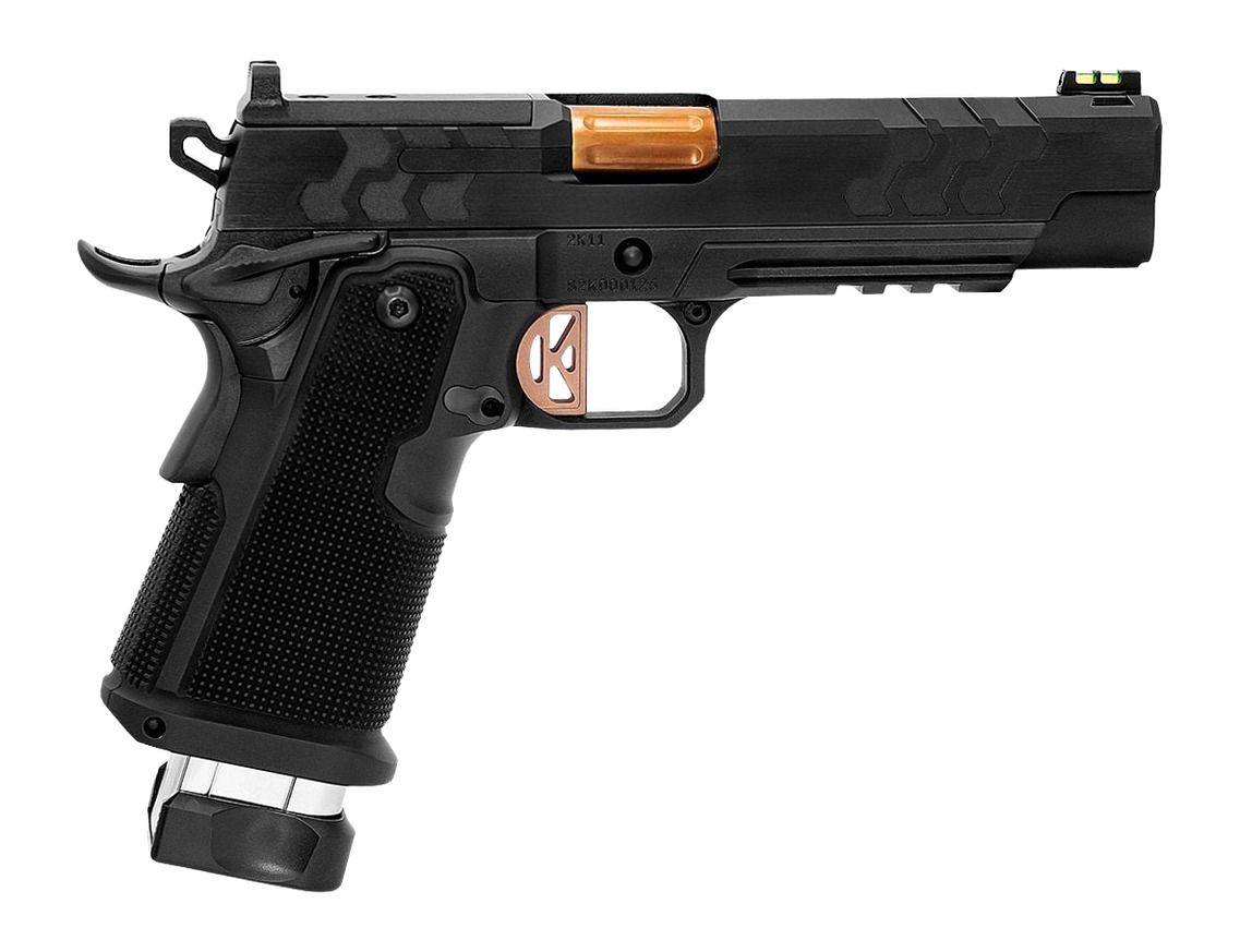 Black semi-automatic pistol with extended magazine
