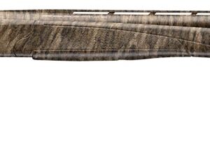 Camouflage-patterned pump-action shotgun on white background