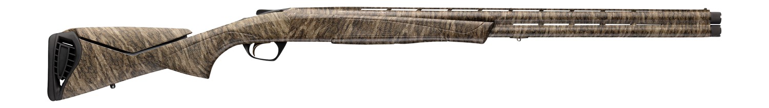 Camouflage-patterned pump-action shotgun on white background