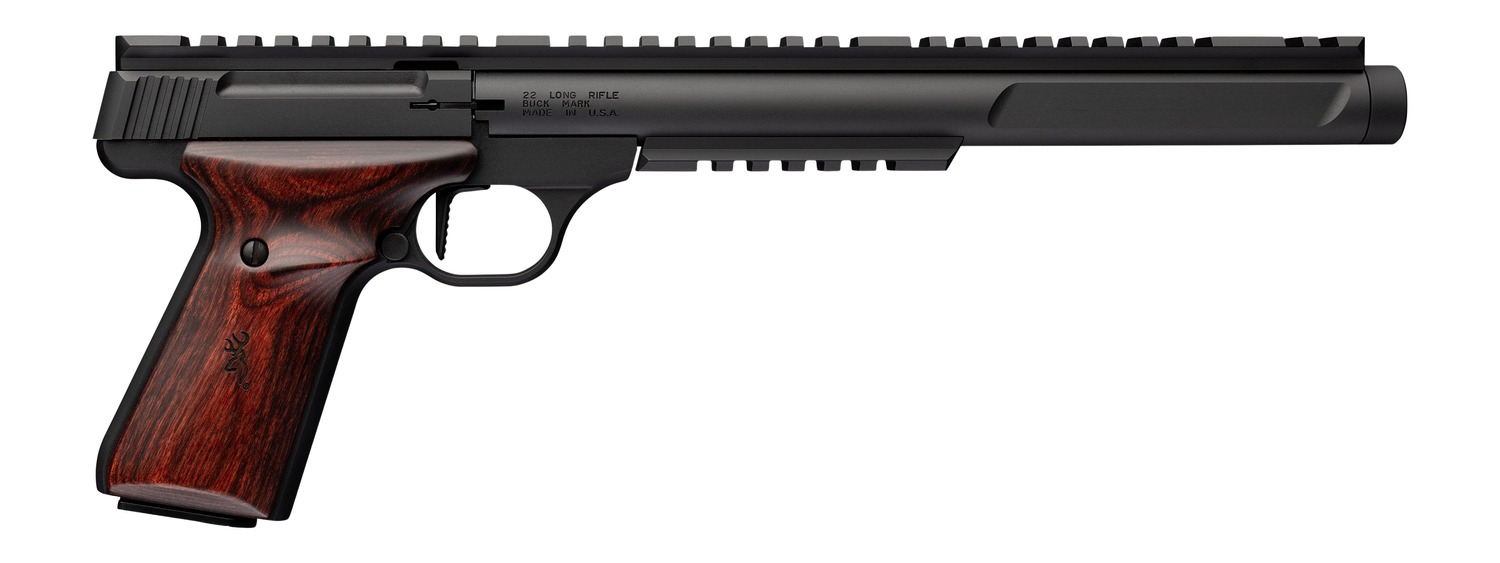 Black semi-automatic pistol with wooden grip