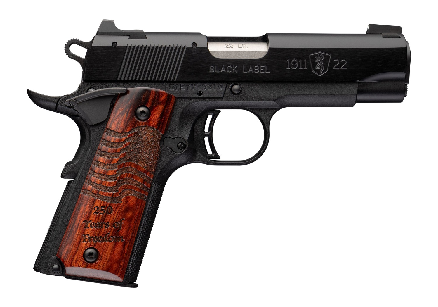 Black 1911-22 pistol with engraved wooden grip