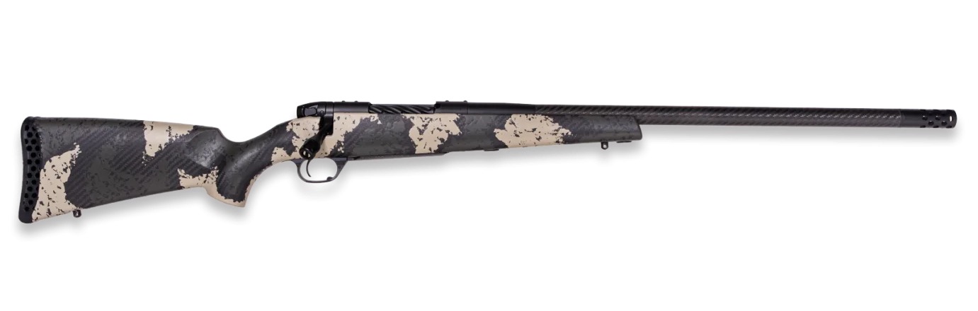 Camouflage bolt-action rifle on white background