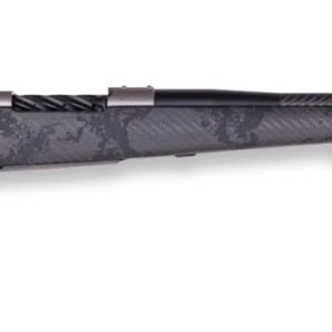 Bolt-action rifle with camouflage stock and long barrel