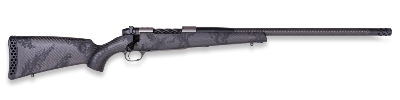 Bolt-action rifle with camouflage stock and long barrel