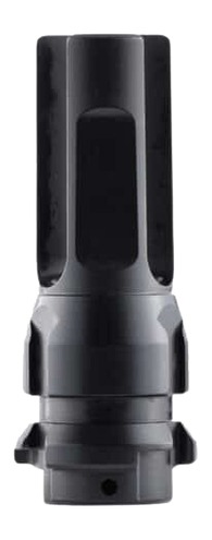 Black metal muzzle brake on white background