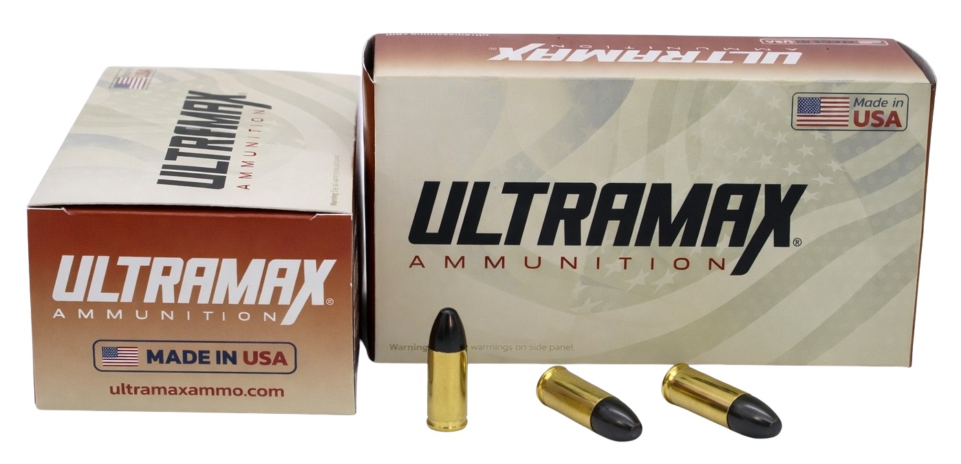 Ultramax ammunition boxes with three handgun cartridges