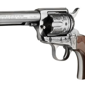 Engraved silver revolver with wooden grip