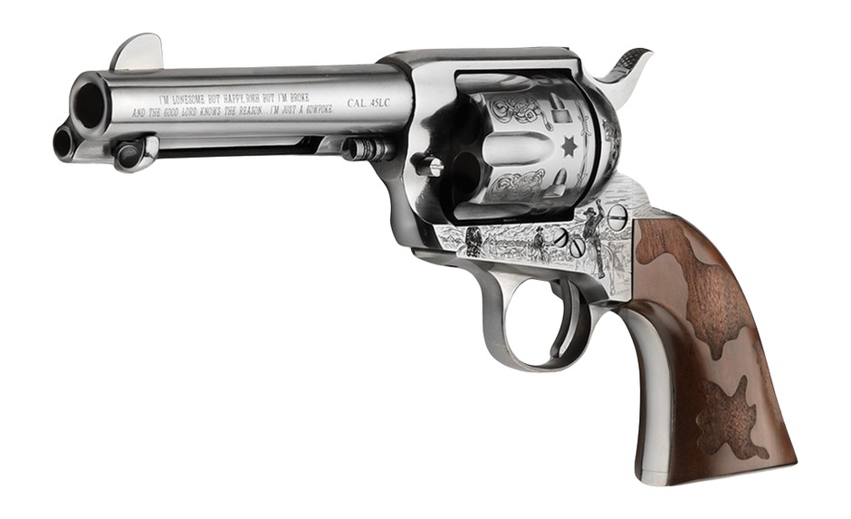 Engraved silver revolver with wooden grip