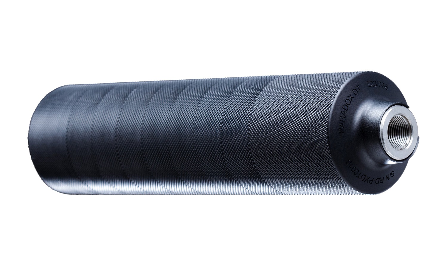 Black cylindrical firearm suppressor on white background