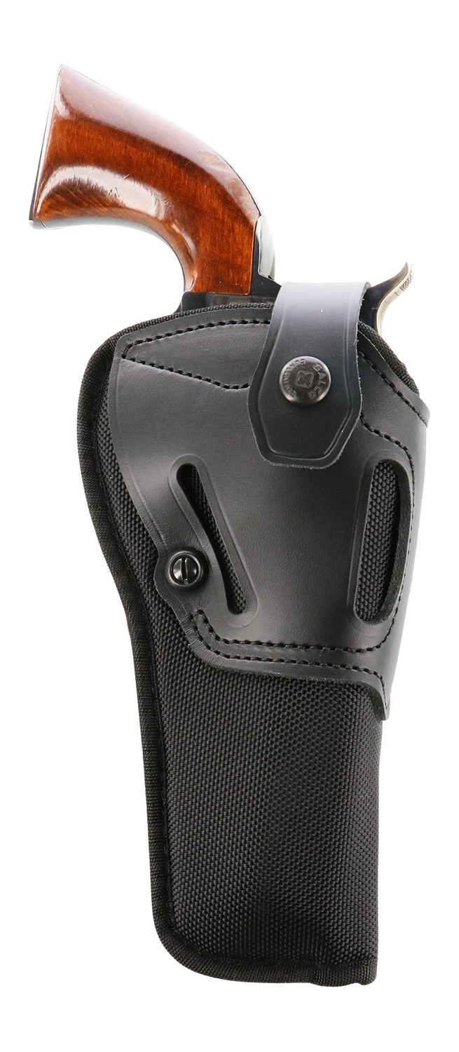 Revolver in black holster with wooden grip