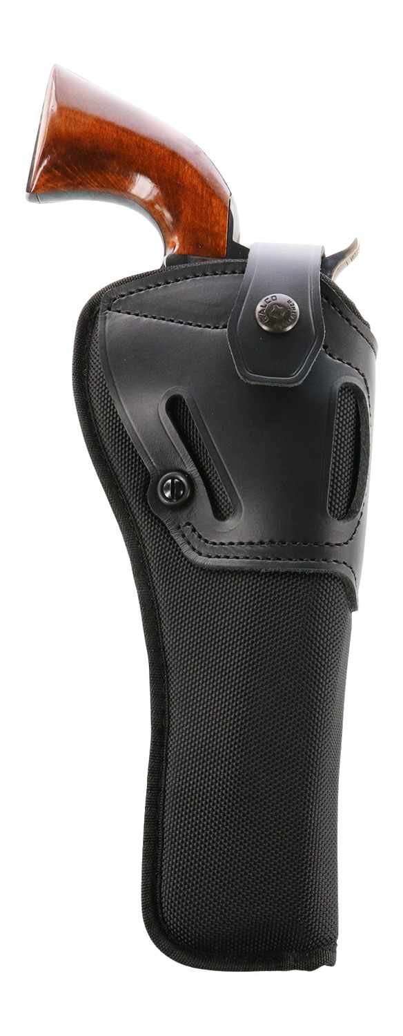 Revolver in black holster with wooden grip