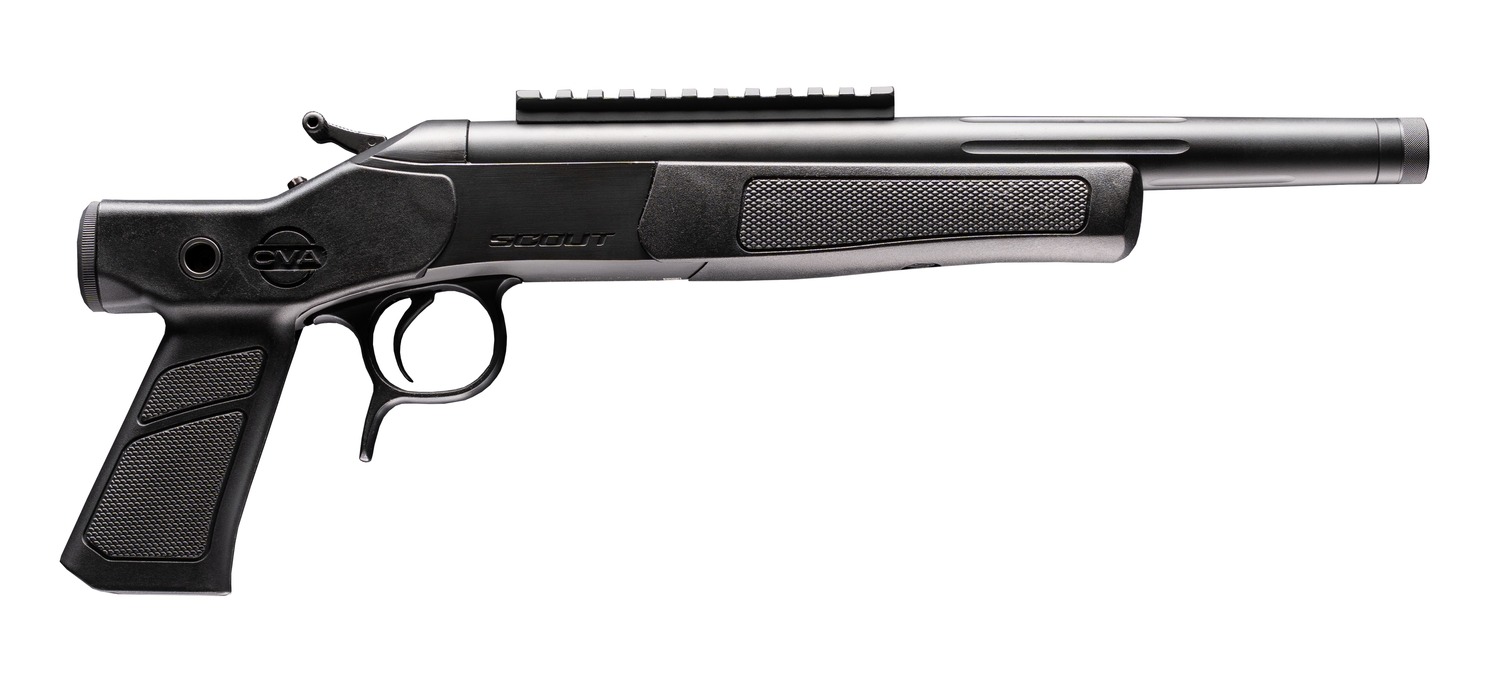 Black break-action single-shot pistol with long barrel