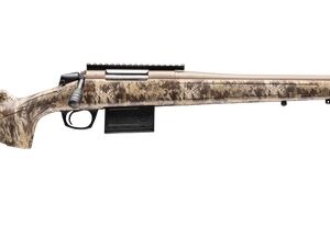 Camouflage bolt-action hunting rifle with long barrel