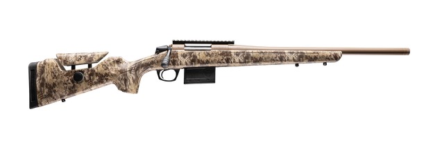 Camouflage bolt-action hunting rifle with long barrel