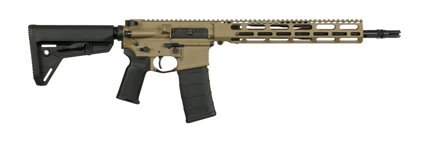 Tan and black AR-15 style rifle