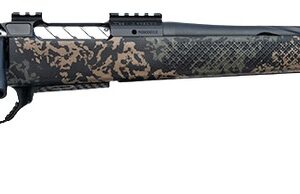 Camouflage bolt-action rifle on white background