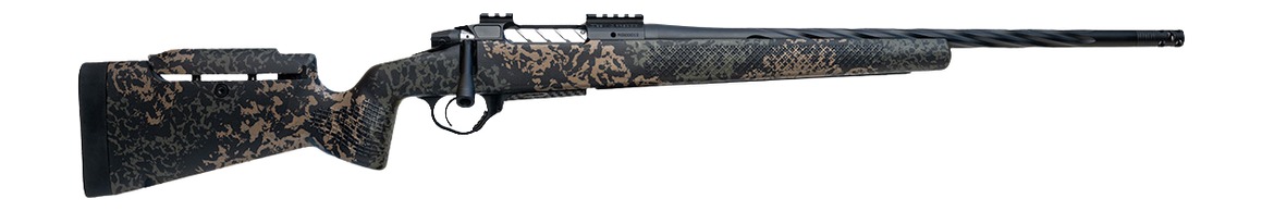Camouflage bolt-action rifle on white background