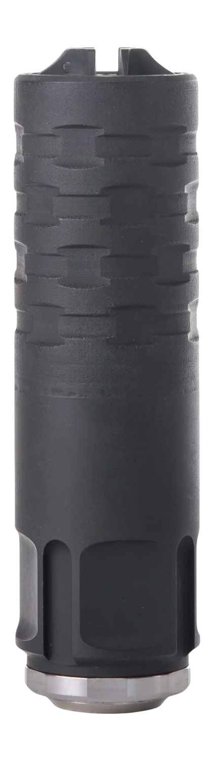 Black cylindrical firearm muzzle device
