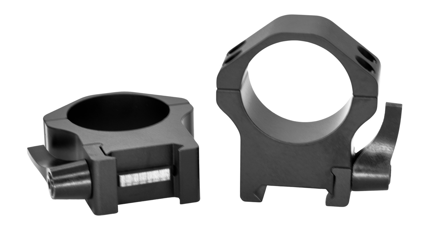 Black metal scope mounting rings on white background