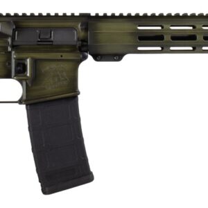 Green and black AR-15 style rifle