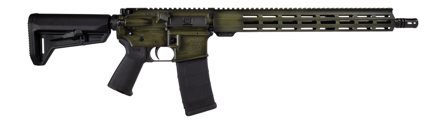 Green and black AR-15 style rifle