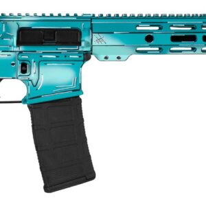 Turquoise AR-style rifle with black stock and magazine