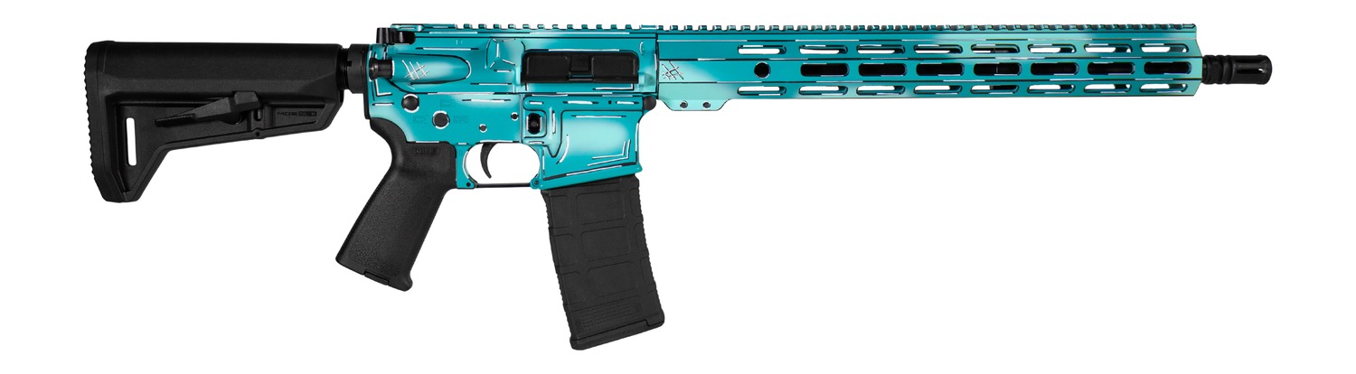 Turquoise AR-style rifle with black stock and magazine