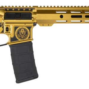 Gold and black AR-15 style rifle