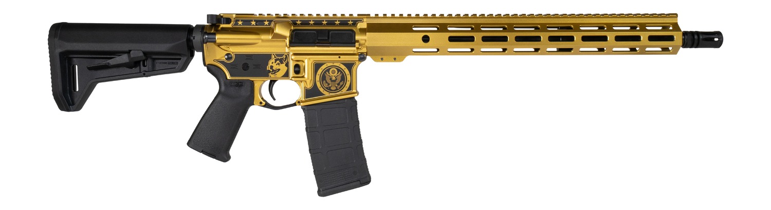 Gold and black AR-15 style rifle