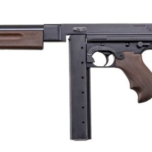 Thompson submachine gun with wooden stock and grip