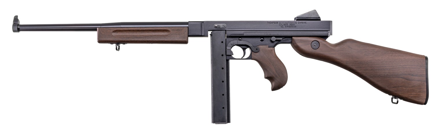 Thompson submachine gun with wooden stock and grip