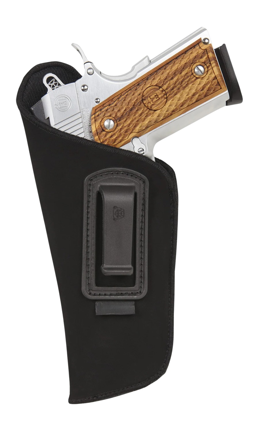 Handgun with wooden grip in black holster