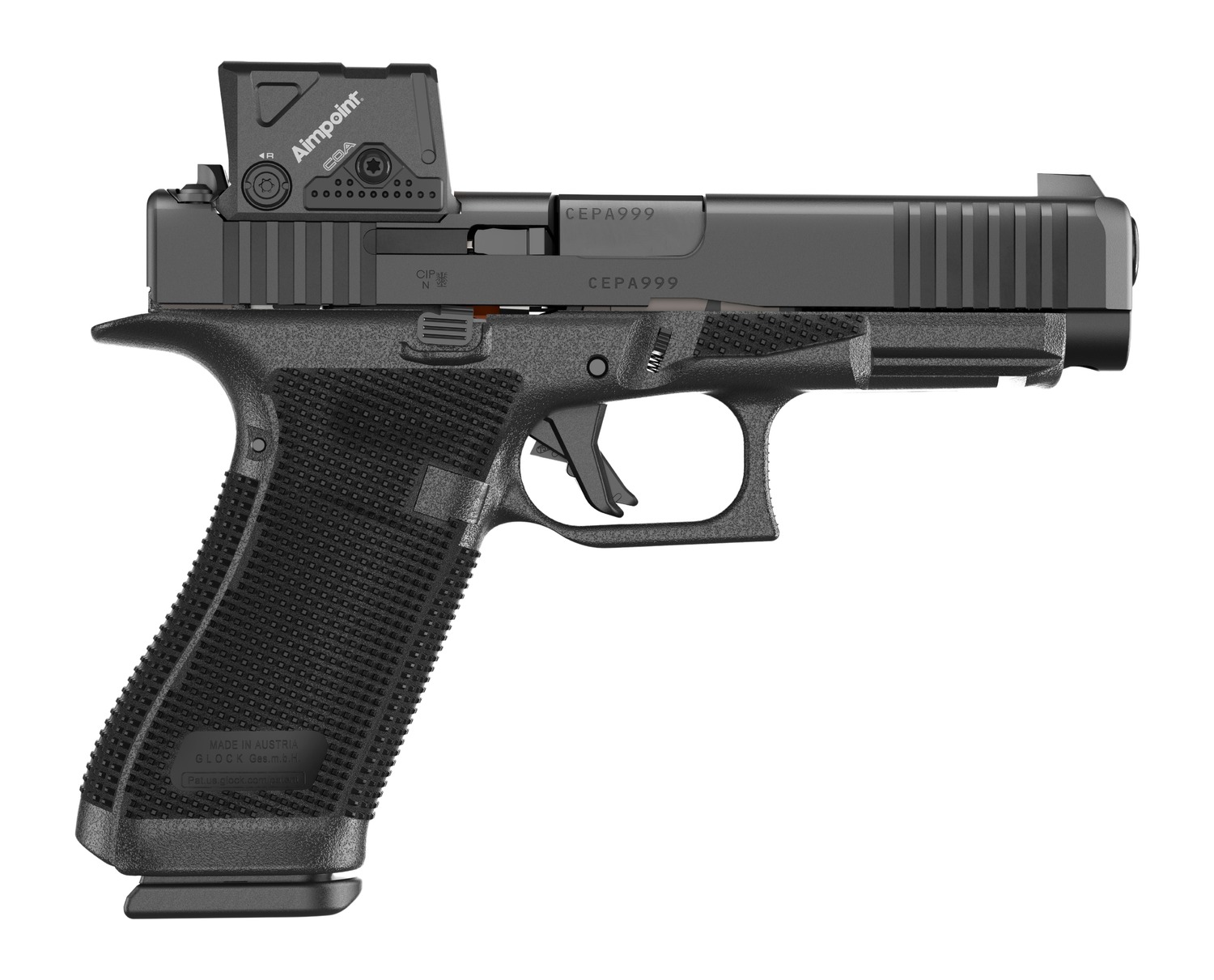 Glock pistol with mounted Aimpoint red dot sight