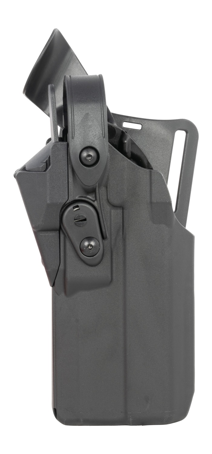 Black tactical handgun holster with retention hood