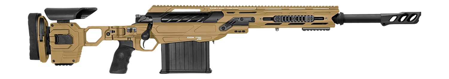 Tan precision bolt-action rifle on white background