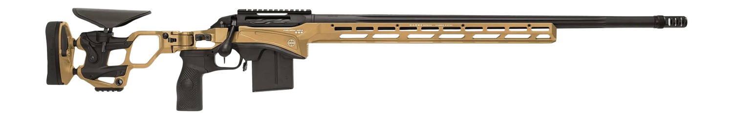 Tan and black precision bolt-action rifle
