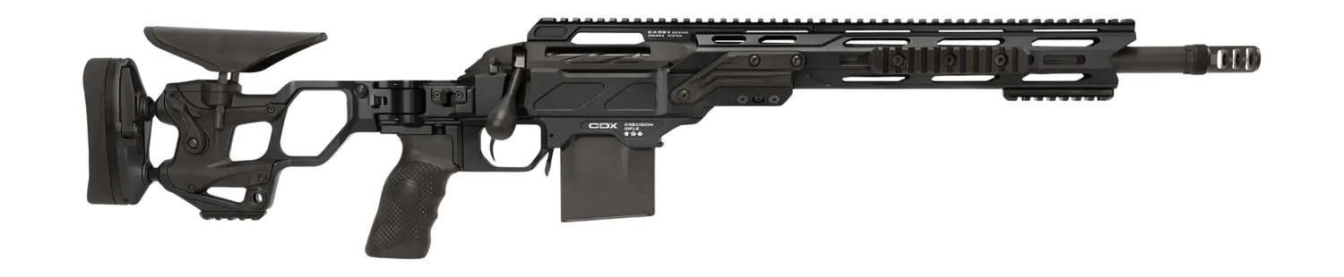 Black precision bolt-action rifle with adjustable stock