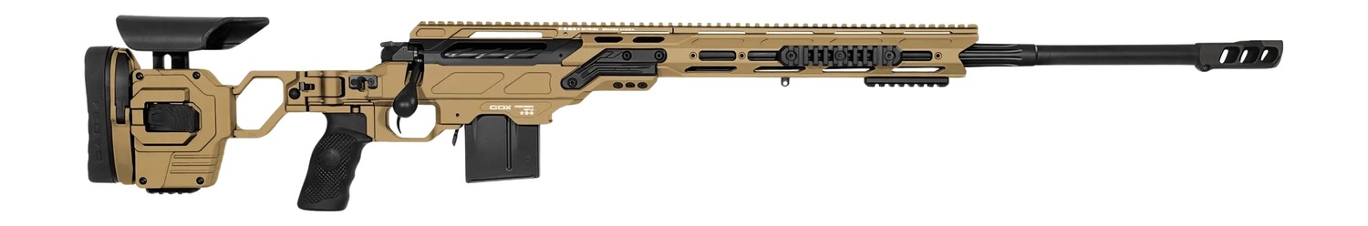 Modern tan bolt-action precision rifle on white background