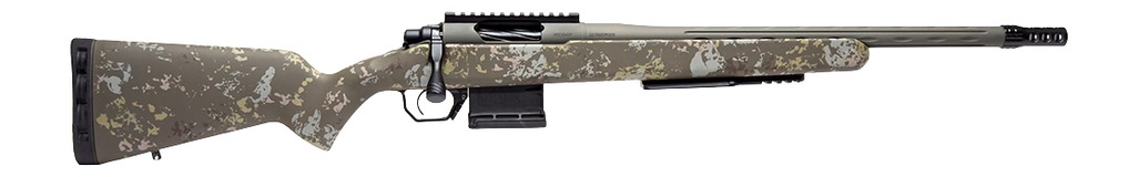 Camouflage bolt-action rifle on white background