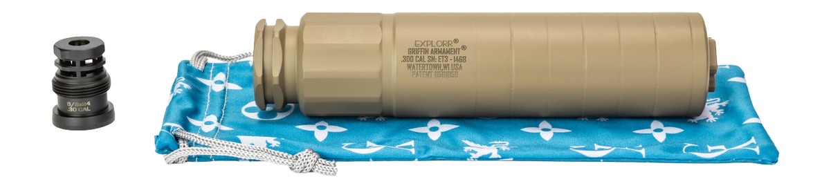 Tan rifle suppressor with mounting adapter and pouch