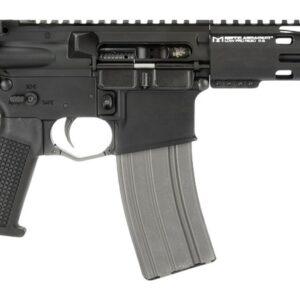 Black AR-style rifle with magazine and brace