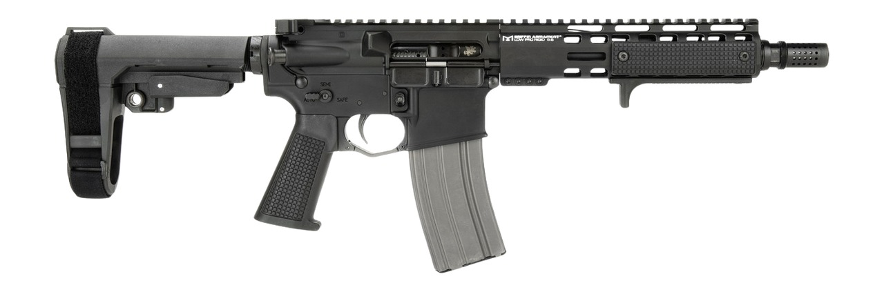 Black AR-style rifle with magazine and brace