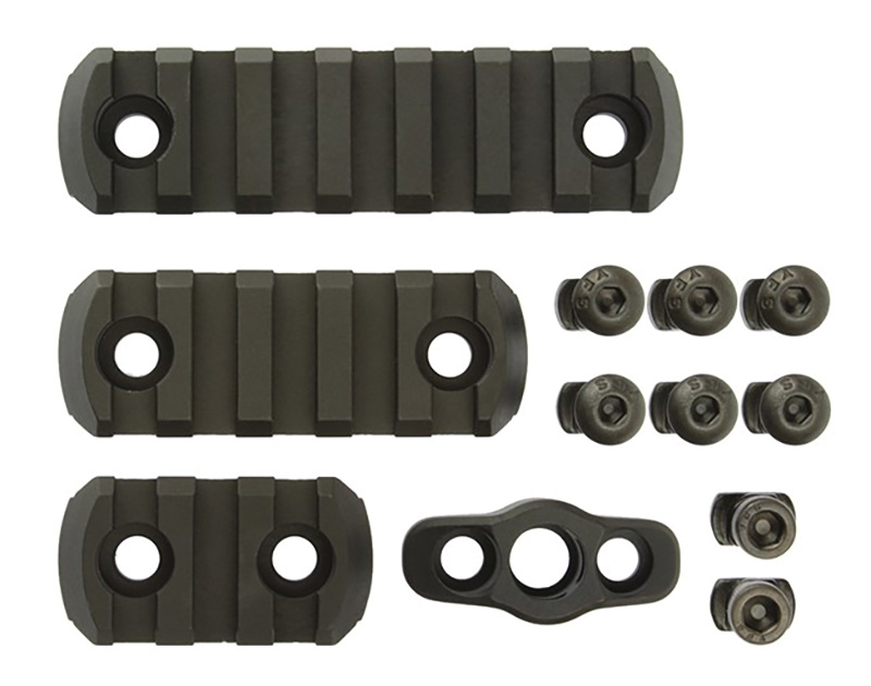 Black Picatinny rail sections with mounting screws
