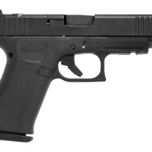 Black semi-automatic handgun on white background