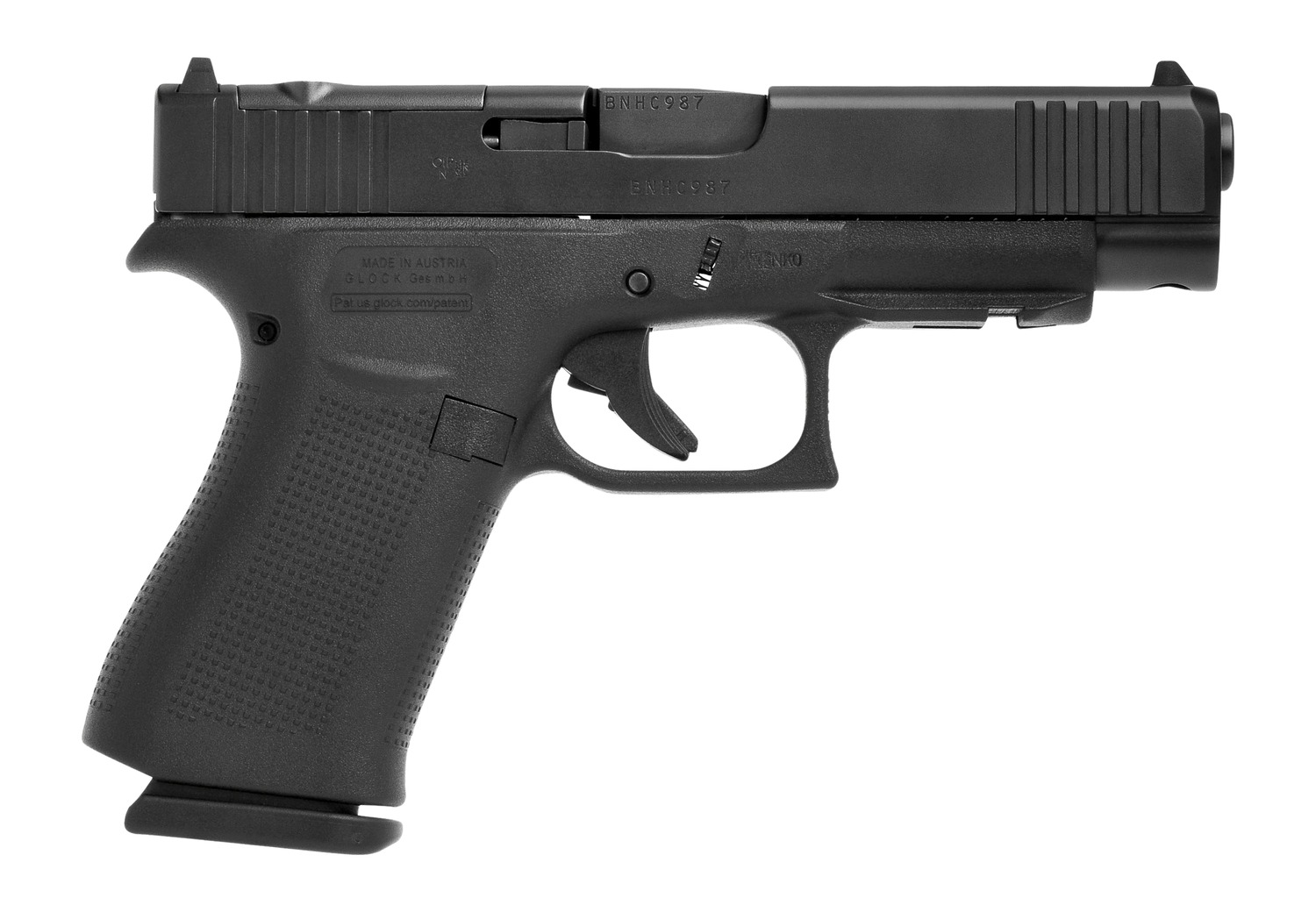 Black semi-automatic handgun on white background
