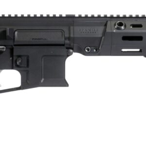 Black AR-style pistol with suppressor attached