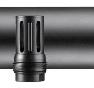 Black cylindrical firearm suppressor on white background