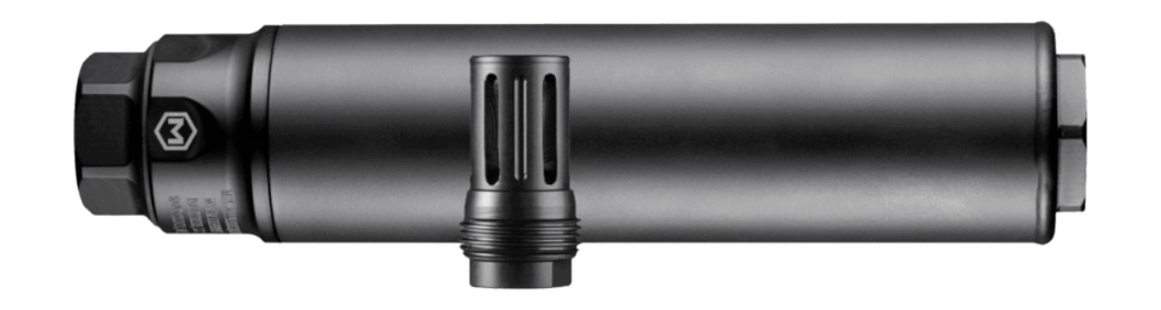 Black cylindrical firearm suppressor on white background