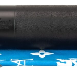 Black rifle suppressor on blue patterned cloth