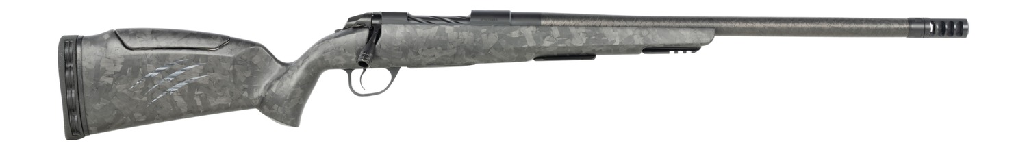 Bolt-action rifle with camo stock and long barrel